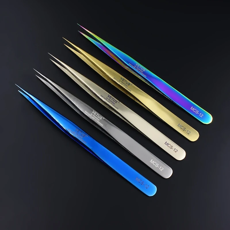 100% Genunie VETUS MCS-15/12 serije Rainbow Pinceta Za Izgradnju Nadzemnih Trepavica Pinceta Od Nehrđajućeg Čelika Šarene Pincete