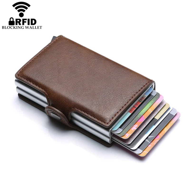 Europska Dizajner RFID Zaštita Muški Kožni Držač Za Kreditne Kartice Dvostruki Aluminijski Torbica Za Zaštitu Bankovne Kartice ID Torbicu Za Muškarce