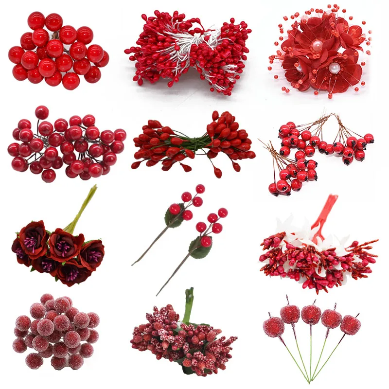 1 Komplet Crvenih Biserno Plastične Rakers Umjetno Cvijeće, Voće Prašnicima Bobice DIY Kit Kolač Božićno Vjenčanje Poklon Kutija Vijence Dekor
