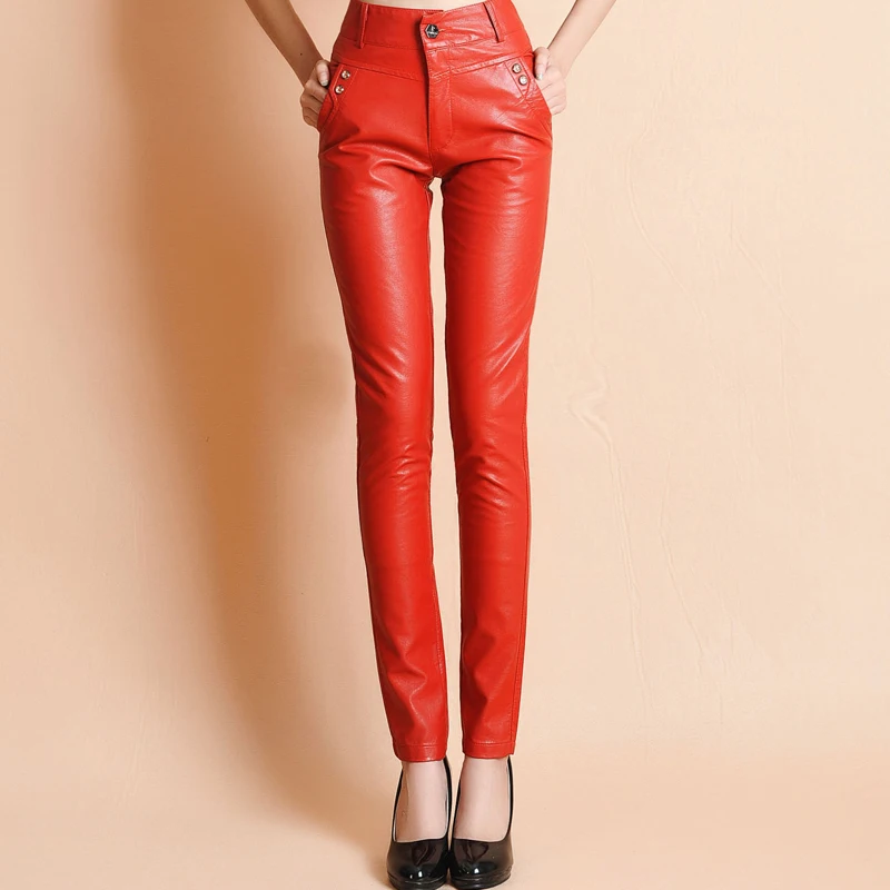 Modne marke hlače od umjetne kože crvene boje, zimske jesensko-proljetni Ženski Kvalitetne elastične tanke hlače-olovka wq779, izravna dostava