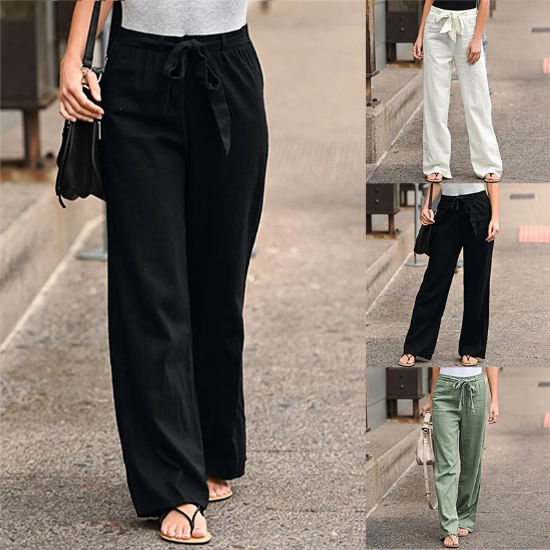 Ženske Ravne hlače s visokim Strukom, Ljetni Svakodnevne Široke Hlače s fleksibilnim Gumicom u struku, čipka-up, Harajuku, Čvrste hlače dužine do gležnja