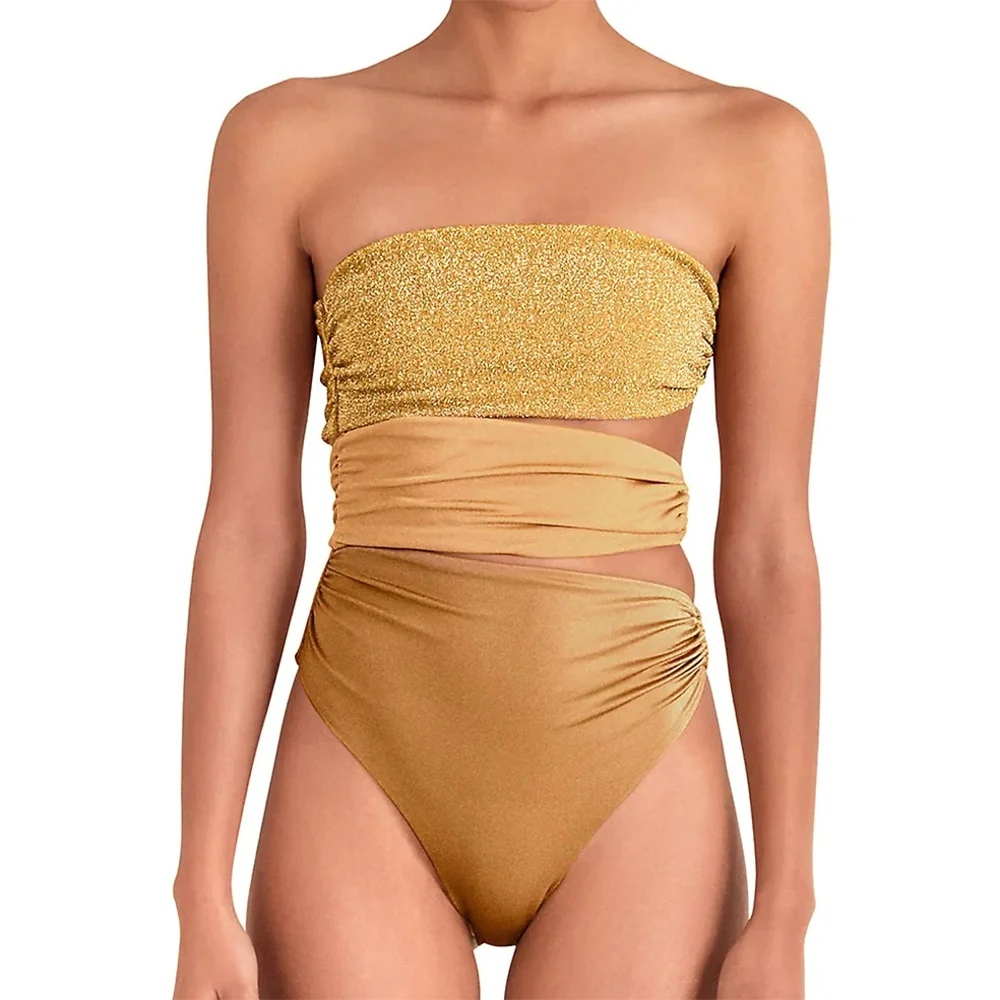 Modni Zlatni Bikini Bez Naramenica i S urezima, Seksi Jednodijelni kupaći Kostim, Ljetne Plaža Odjeća, Dizajnerske Kupaći kostimi Ženski Kupaći Kostimi, Luksuzne Tanke 0
