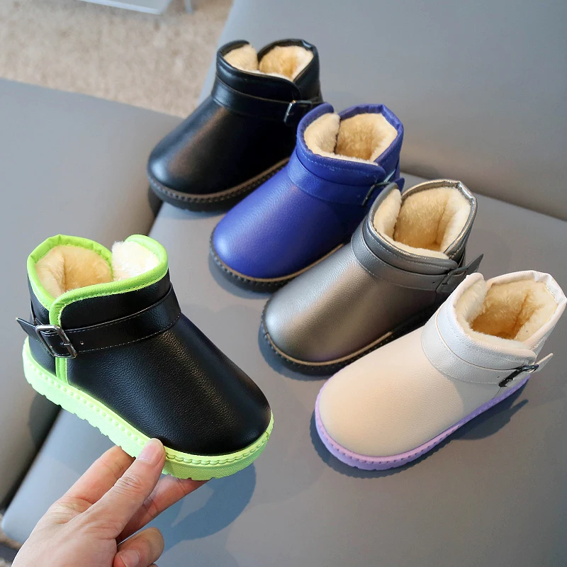 2022 Nove Zimske Dječje Zimske Čizme od Umjetne Kože, od samta Tople cipele Za djevojčice, Dječje Monotono Cipele Za Dječake, Soft Plus Baršun Vodootporne Cipele, Veličina 21-38 0