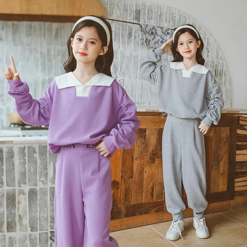 Jesenske sportske setove 2022 godine za djevojaka, korejski Dječje Veste s odbačenost ovratnik i slobodne hlače, Monotono odjeća, Nošnja