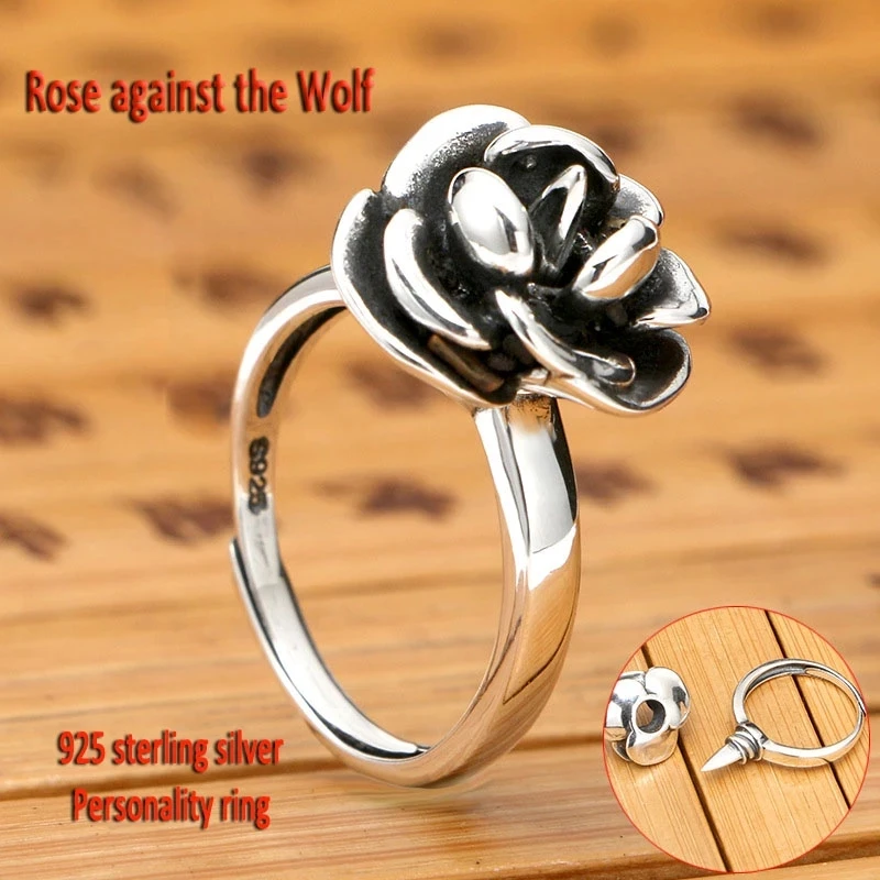 Izmjenjivi Rotirajući Cvijet Ruže Prsten za Samoobranu s Шиповым Nožem Ženska Sigurnost Starinski Srebrna Boja Podesiva Otvoreni Prsten Za Prste 0