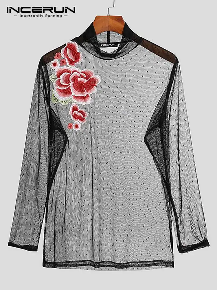 INCERUN Vrhovima 2021 Nove muške Modne Camiseta S Prozračna Mreže, Prozirne Majice s Cvjetnog vezom, Majice sa dugim rukavima S-5XL 1