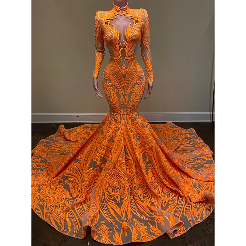 2023 Narančaste Haljine Sirena Večernjih Haljina Za Žene Sa Sjajnim Aplikacija I Dugim Rukavima Smještaj Haljina Robe De Soirée