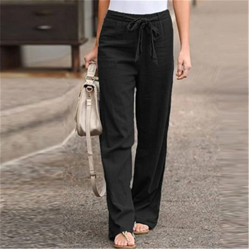 Ženske Ravne hlače s visokim Strukom, Ljetni Svakodnevne Široke Hlače s fleksibilnim Gumicom u struku, čipka-up, Harajuku, Čvrste hlače dužine do gležnja 1