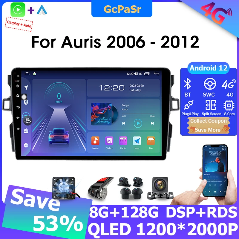 Bežični Auto Radio Media Player Carplay Android Auto Toyota Auris E150 2006-2012 Navigacija GPS Bluetooth stražnja Kamera 0