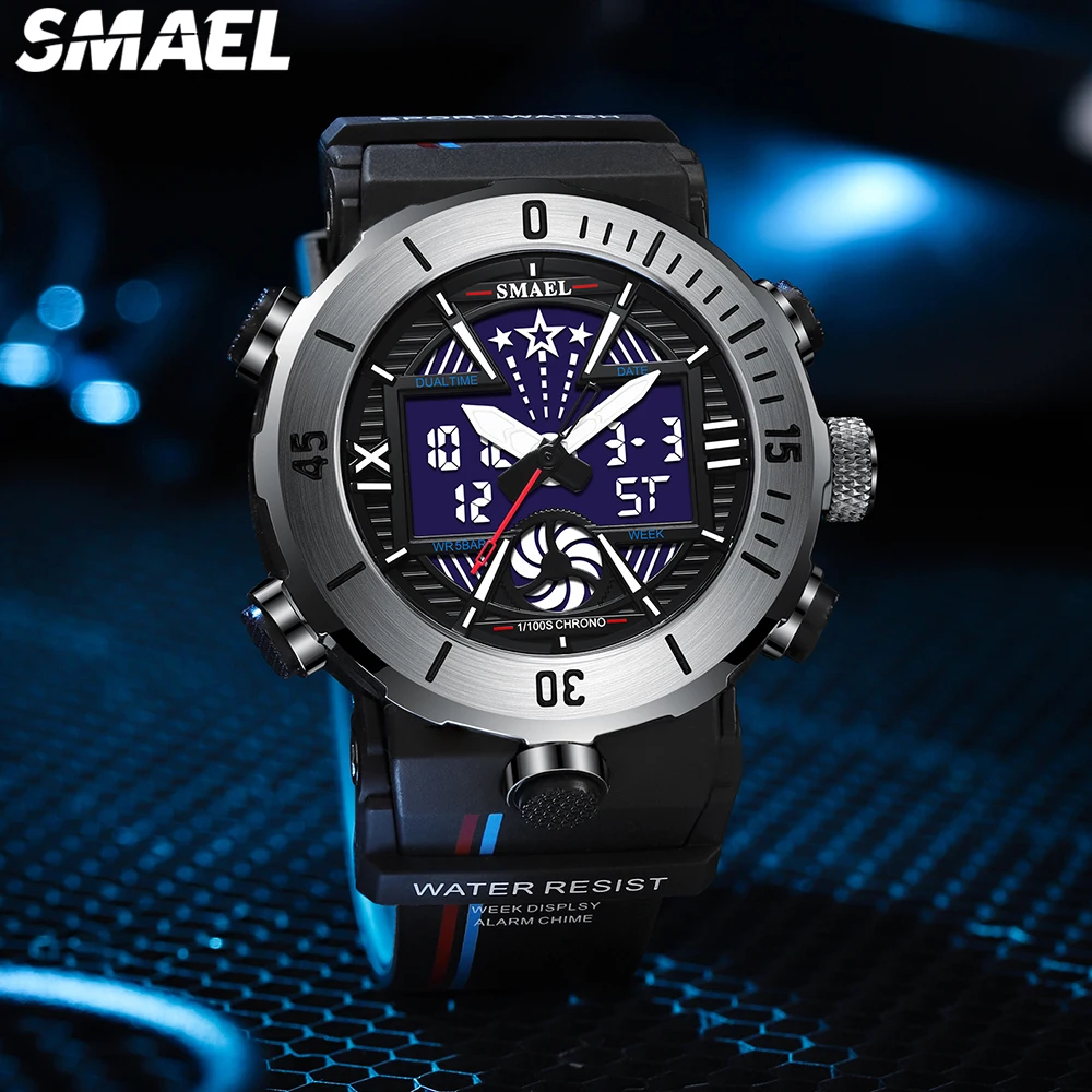 SMAEL 8051 Sportski Sat Vojni Satovi Za Muškarce Alarm Štoperica Led Digitalni Svjetla Dvostruki Prikaz Vremena Mens Watch 1