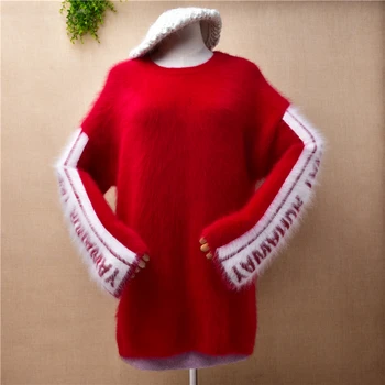 ženska moda crvene boje, kašmir pletene džemper s dugim расклешенными rukavima i okruglog izreza, slobodan pulover od ангорского krzna, kardigan, džemper 0