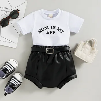 Komplet odjeće za djevojčice, ljetna dječje хлопковая t-Shirt s natpisom + Kožne Kratke hlače, 2 komada, Modne odjeće za djecu s kratkim rukavima