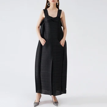 2022 ljetno seksi haljina miyake плиссированное нишевое slobodno crna haljina s рюшами veličine plus za žene, svakodnevne vintage odjeća folda
