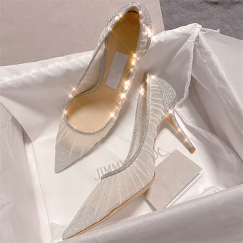 Dame Crystal Visoke Štikle Mreže Čipka Klizanja Na Žene Pumpe Oštar Nos Cipele Sandale Žena Mladenka Vjenčanje College Prom Cipele