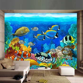 Običaj 3D Crtani Zidne Tapete Za Dječju Sobu, Zidni Papir, Podvodni Svijet, Ribe, Koralji I Vodene Biljke, Uređenje Kuće, Freska