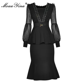 MoaaYina/ Dizajn Moderan Ljetni Kostim od Crne Suknje, Ženske Top s rukavima-svjetiljke, Izvezen Perle, i Tanke midi Suknje, Sirene, Komplet od dva predmeta