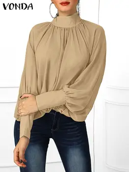 VONDA Elegantne Ženske Košulje Bluze 2023 Modni Svakodnevne Ravnici Tunike Dugih Rukava-Svjetiljku Majice S Visokim Ovratnikom Široke Večernje Bluze