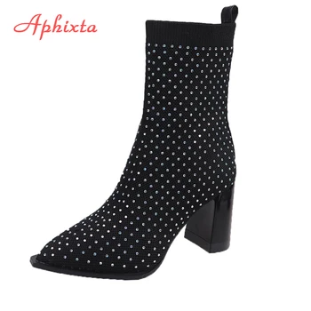 Aphixta/ Luksuzne Čarape sa Šarenim Kristalima, Ženske Cipele Na Trgu Pete 8 cm, Smeđe Prozračna Elastična Tkanina, Elastična Cipele s oštrim vrhom