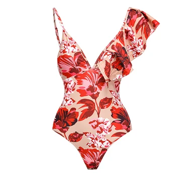 Crveni Komplet Bikini na бретелях s po cijeloj površini i poklopcem, Jednodijelni kupaći kostim sa visokim strukom, sa volanima na jedno rame, s V-izrez i otvorenim leđima, seksi plaža odjeća, Moda 1