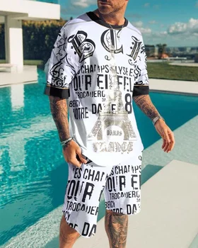 Europski i američki modni jednostavan muški slobodan 3D geometrijsko odijelo s kratkim rukavima, sportski casual muška majica okruglog izreza, odijelo