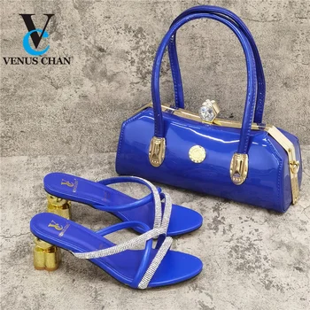 Plave modni afričke sandale i kompletu s torbicom, nigerijski cipele s odgovarajućim torbama, udobne štikle za Kraljevske Svadbene zurke
