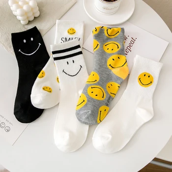 5 Parova/pak. Žuti Ženske Čarape s Uzorkom nasmijana lica, Slatka Kreativne Modne Pamučne Čarape, Novo, Izravna Dostava