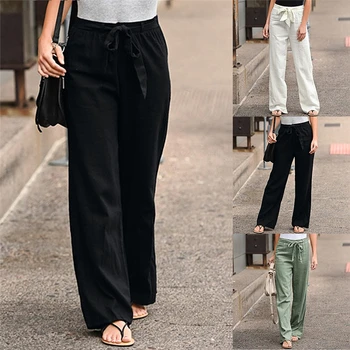 Ženske Ravne hlače s visokim Strukom, Ljetni Svakodnevne Široke Hlače s fleksibilnim Gumicom u struku, čipka-up, Harajuku, Čvrste hlače dužine do gležnja 0