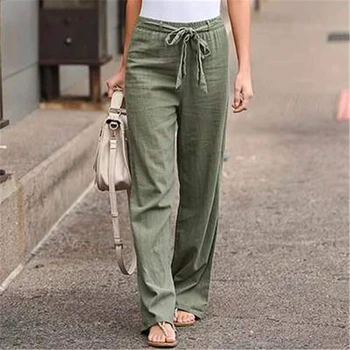 Ženske Ravne hlače s visokim Strukom, Ljetni Svakodnevne Široke Hlače s fleksibilnim Gumicom u struku, čipka-up, Harajuku, Čvrste hlače dužine do gležnja 2