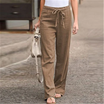 Ženske Ravne hlače s visokim Strukom, Ljetni Svakodnevne Široke Hlače s fleksibilnim Gumicom u struku, čipka-up, Harajuku, Čvrste hlače dužine do gležnja 5