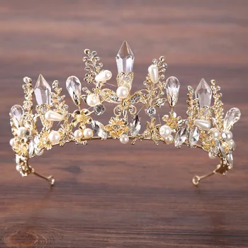 Luksuzni Veliki Crystal Vjenčanje Crown Tiaras Zlatna Boja Cvijet Šarm Gorski Kristal Biseri za mladu Zavoje Vjenčanje Pribor Za Kosu