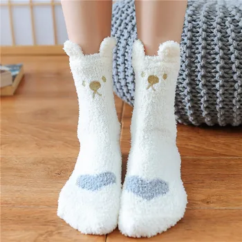 Ženske jesensko-zimske coral флисовые čarape srednje dužine love mačka, čarape za spavanje, plus baršun debele čarape kawaii u podne